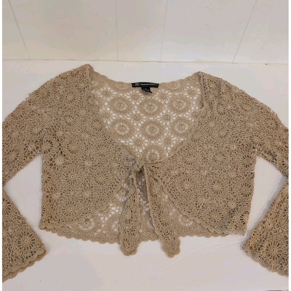 Crochet Tie Front Beaded Cardigan Sweater Y2K Cottagecore Indie Cropped S Boho